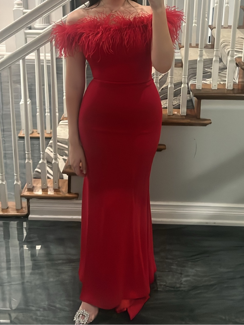 Red Off-Shoulder Feather Trim Prom Gown
